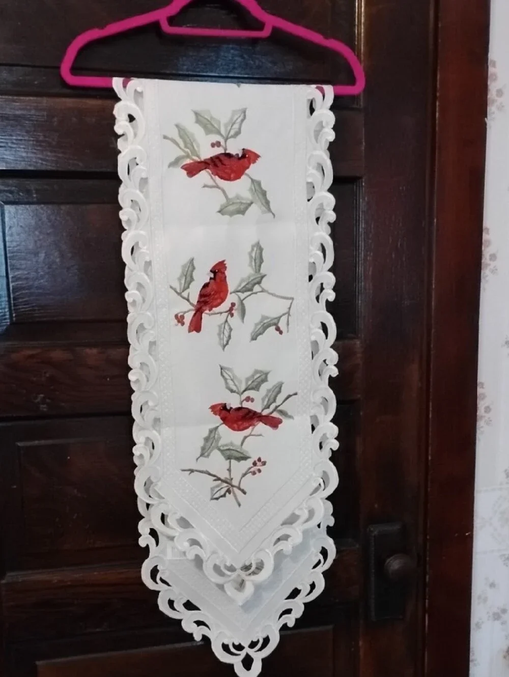 Holiday Cardinal Embroidered Table Runner - White and Red